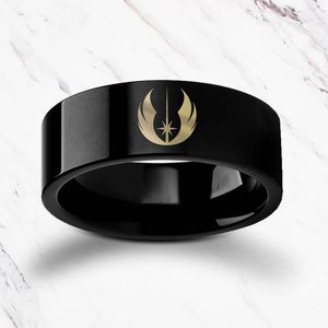 Alliances Gravé Jedi Ordre Symbole Homme Marques Noir Carré Acier Inoxydable Taille 7 à 12