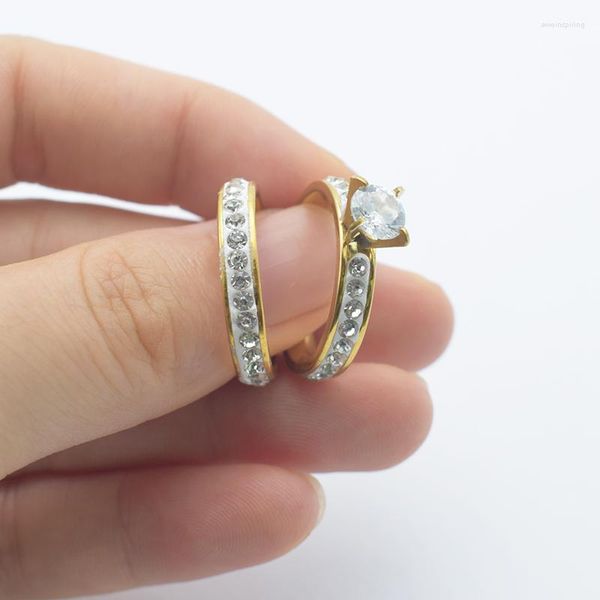 Anillos de boda Est oro color un par conjunto de compromiso para mujeres incrustaciones románticas diamantes de imitación señora Zircon joyería