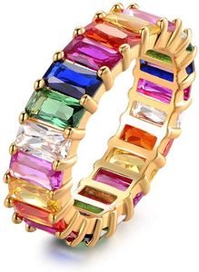 Anillos de boda Eternity Rainbow Ring Band for Women 18k Gold Emeraldcut Multi Color createdGemstone2459046