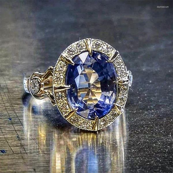Anneaux de mariage Style ethnique Bleu Ovale Cubique Zirconie Pierre pour femmes Band Vintage Ring Ring Engagement Bijoux Party