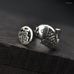 Wedding Rings Ethnic Style uitgeholde Lucky Character Small Fish and Carp Ring met Jump Dragon Gate vrouwelijke kunstcadeau