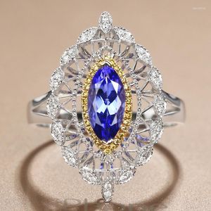 Anneaux De Mariage Europe Amérique De Luxe Anneau Incrusté Bleu Cheval Oeil Forme Coupe Zircon Géométrie Creuse Bijoux En Argent Pour Les Femmes Cadeau De Fête