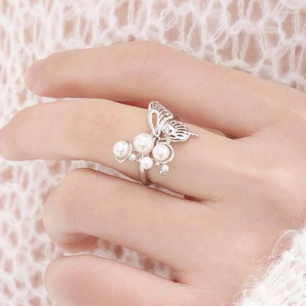 Anillos de boda europeos y americanos Color plata perla mariposa abierta para mujeres ajustable dedo declaración joyería Bijoux