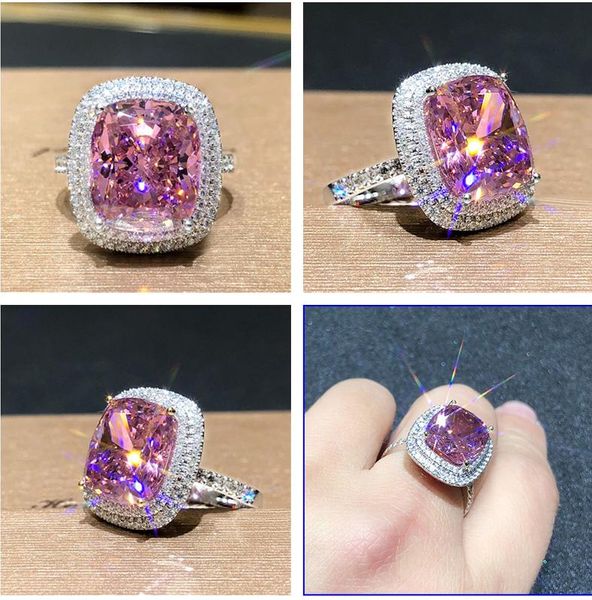 Anillos de boda Cuadrado europeo y americano Micro-set Anillo de diamante rosa Elegante Simulación Zircon Joyería de alta calidad Boda