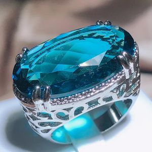 Anneaux de mariage exagéré grand zircon anneau femmes 925 timbre fête d'anniversaire cadeau surdimensionné bleu pierre principale 231005
