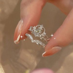 Trouwringen Prachtige Kroon Zirkoon Hartvormige Ring Voor Dames Mode Prinses Bruid Engagement Set Sieraden Gift 230801