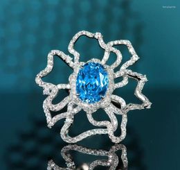 Trouwringen Prachtige Bloem Verstelbare Ring Inleg Glans Blauw Ovaal Zirkonia Romantische Vrouwen Engagament Verjaardag Sieraden1307987