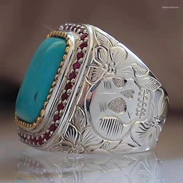 Anillos de boda Exquisito Moda para hombre Piedras azules con incrustaciones Vintage Plata Color dorado Flor grabada para hombres Joyería