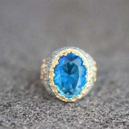 Wedding Rings Exquise Round Inlaid Blue Stone Sky Blue Zirkon Rings Fashion Metal Two Tone Engagement Wedding Rings For Women Men Sieraden