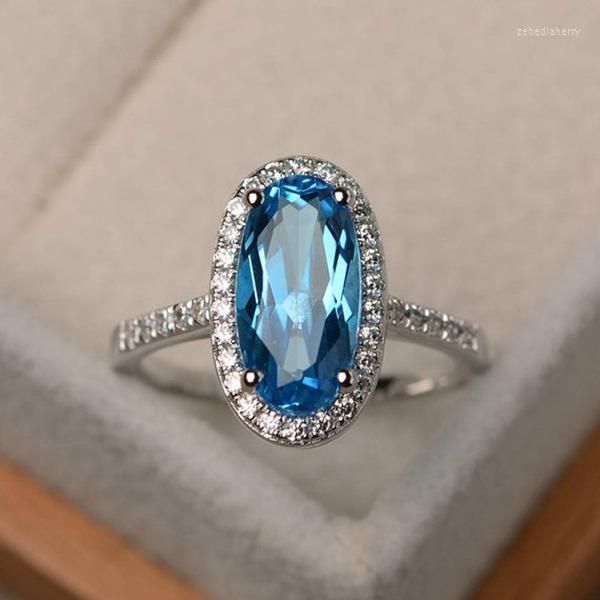 Anneaux De Mariage Exquis Argent Couleur Bande Ovale Coupe Bleu Zircon Cocktail Partie Femmes Bague Bijoux De Mariée De Mode Cristal Cadeaux