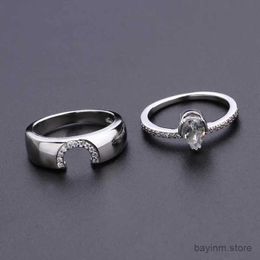 Wedding Rings Exquise Women Silver Color Waterdrop Metaal ingelegde Witte Ronde Zicron Stones Ring Set Wedding Engagement Rings Sieraden