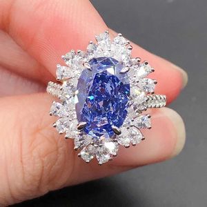 Wedding Rings Fantasy 14K Sieraden 4.5ct Oval Cut Sapphire Blue Diamond Engagement Ring Solid 585 Platinum Ceremony Gift 200R Q240514