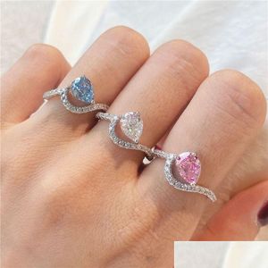 Anneaux de mariage Fashion 8a Zirconia Water Drop S925 Sterling Sier Ring Designer pour femme rose Blue Love Engagement Gold Diamond Luxur Dhqms