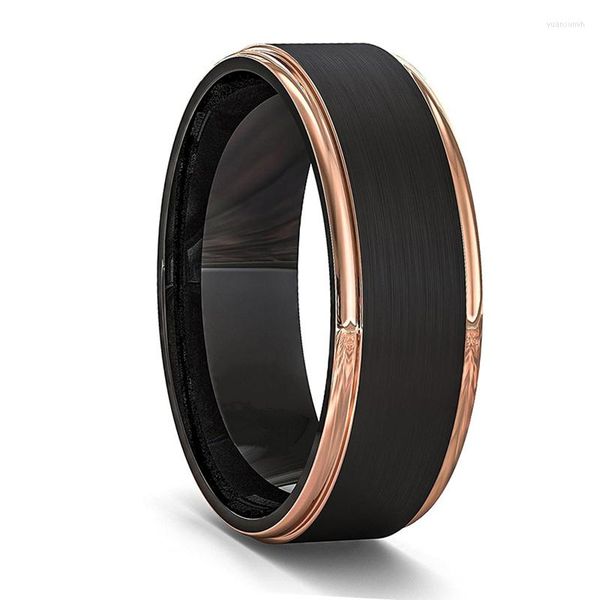 Anillos de boda de moda 8mm negro cepillado Color oro rosa borde titanio acero inoxidable para hombres mujeres banda joyería gota