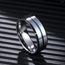Anillos de boda de moda de acero de titanio con ranura azul de 8mm para hombres y mujeres, anillo de acero inoxidable cepillado de Color plateado, joyería