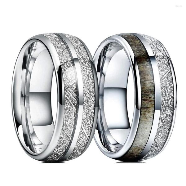 Anillos de boda Moda 8 mm Asta de ciervo Tungsteno para hombres Bandas de acero de fibra de carbono con incrustaciones de meteorito de doble ranura