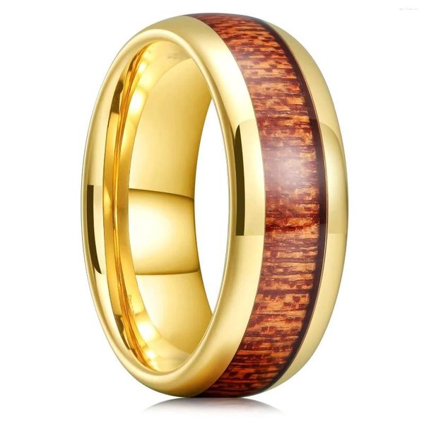 Bagues de mariage en acier inoxydable pour hommes et femmes, couleur or 8MM, incrustation en bois de Koa, promesse de fiançailles, cadeau de bijoux