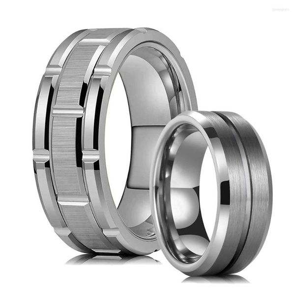 Anneaux de mariage Mode 8MM Hommes Argent Couleur Groove Bord biseauté Carbure de tungstène Bague en acier inoxydable Bleu Fibre de carbone Hommes Bande