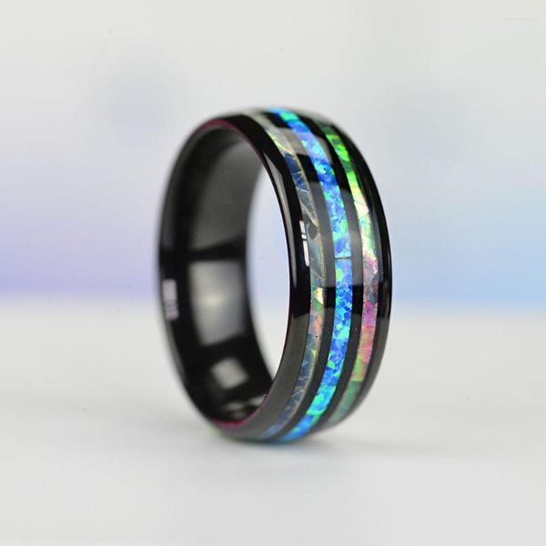 Anillos de boda a la moda de 8mm para hombre, acero inoxidable de imitación de ópalo azul y concha de abulón para mujer, joyería, regalos de cumpleaños