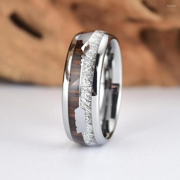 Anillos de boda de moda de 8mm para hombre, anillo de acero inoxidable con incrustaciones de meteorito de Color plateado, flecha de madera de Koa, bandas de caza vikingos para hombres