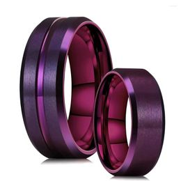 Anneaux de mariage Mode 8mm Violet En Acier Inoxydable Pour Hommes Femmes Couleur Brossé Bord Biseauté Couple Bandes Bijoux