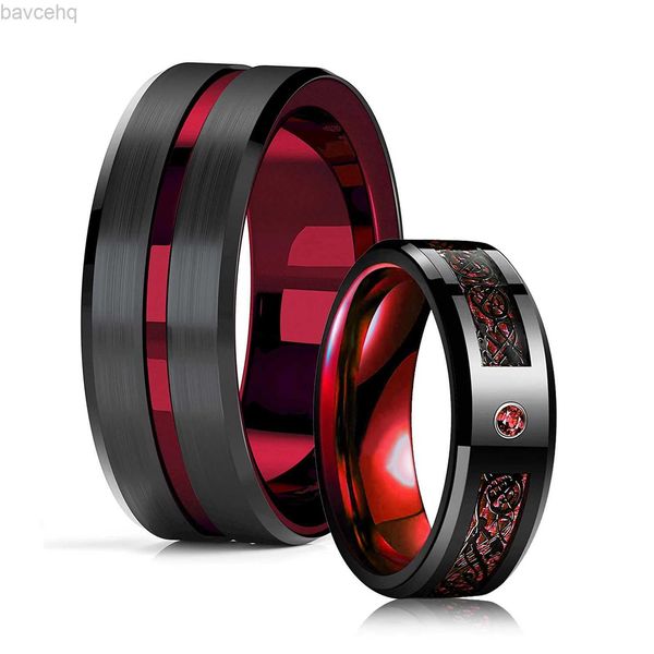 Anneaux de mariage Mode 8mm rouge rainure bord biseauté en acier inoxydable celtique Dragon anneaux pour hommes Zircon incrusté en Fiber de carbone anneau hommes bande de mariage 24329