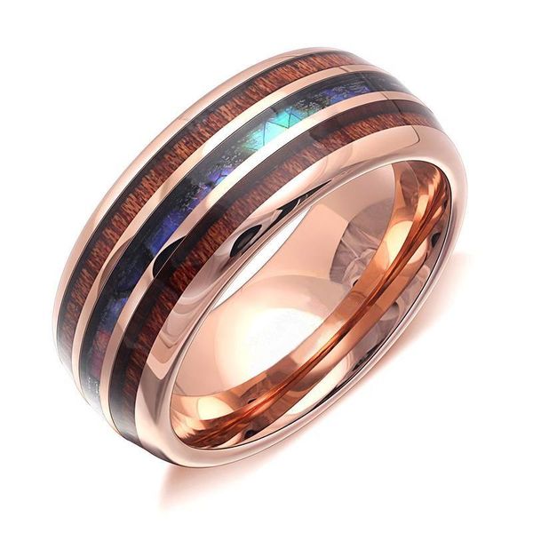 Anillos de boda Moda 8 mm Anillo de acero inoxidable de oro rosa para hombres con incrustaciones de madera de koa hawaiana y concha de abulón Joyería de banda de ópalo Boda