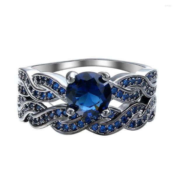 Anillos de boda Moda Azul Cubic Zirconia Cross Bead Ring Sets Black Gun Color Mujeres Micro Pave Bands Compromiso Ajuste Joyas