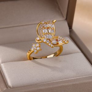Wedding Rings Fashion Butterfly Flower Zircon For Women Open Stainless Steel Luxury Crystal Zirco Jewelry Party Girl s Sexy Ring 230407