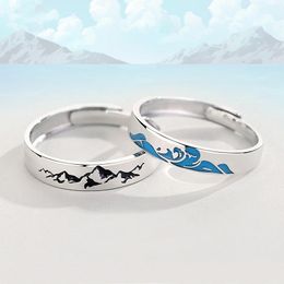 Wedding Rings Fashion Couple for Lover Sieraden Accessoires Statement Silver-Color Mountain en Sea Patroon Open Bandwedding