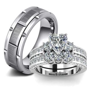Anneaux de mariage couple de mode Ring Womens Heart Rignestone Zirconia Set Mens en acier inoxydable bijoux Cadeaux Q240514
