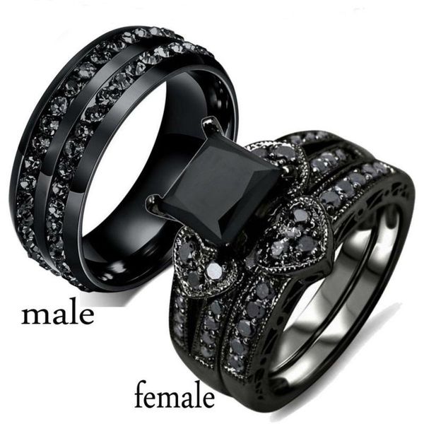Anneaux de mariage Mode Couple anneaux femmes noir coeur cristal CZ anneaux ensemble hommes deux rangées noir CZ pierre en acier inoxydable anneau bijoux de mariage 230909
