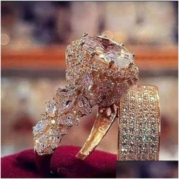 Anneaux de mariage Mode or couleur bague de fiançailles ensembles 2 pièces Bijoux Fl africain cristal pierre anneaux de mariage pour les femmes Bijoux romantiques D Dhaci