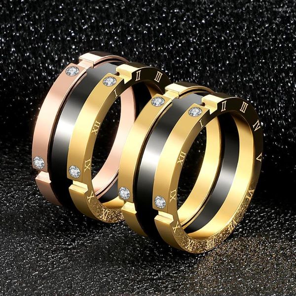 Anillos de boda, joyería de moda, anillo de acero inoxidable de Color dorado, números romanos de cerámica de doble Clip para mujer, regalo de amor, circonita Manual