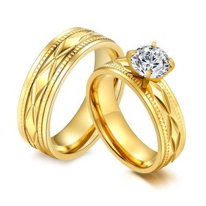 Anneaux De Mariage De Mode Couple Coréen Anneau Pour Les Amoureux Hommes Femmes En Acier Inoxydable Or Couleur Bijoux En Gros Zircon Pierre R571G