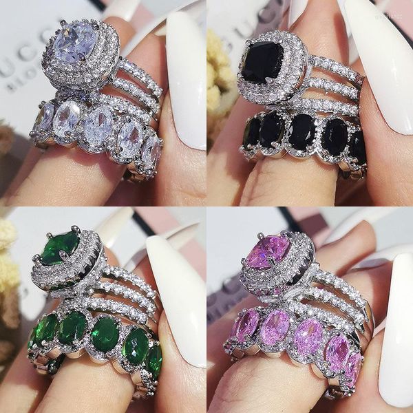 Anillos de boda Moda Joyería de lujo Combinación Anillo de aro Mujeres Esmeraldas Compromiso para conjunto