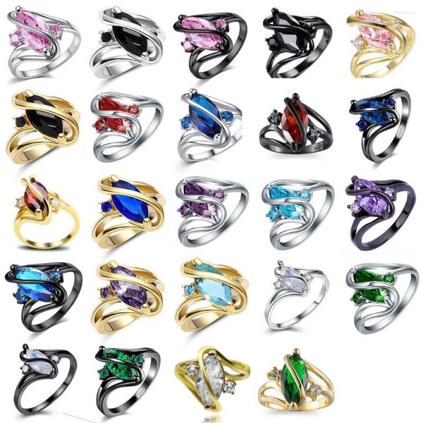 Anillos de boda moda lujo Vintage ojo de caballo circón CZ cristal colorido para mujeres joyería de compromiso oro negro