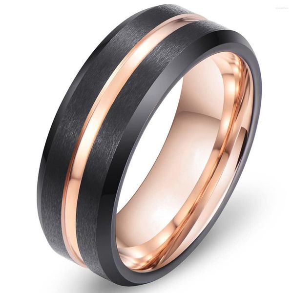 Anillos de boda Moda Hombres 8 mm Color de oro rosa Groove Borde biselado Acero inoxidable Anillo de fibra de carbono Punk Gear Wheel para mujeres