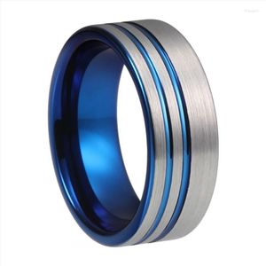 Wedding Rings Fashion Men 8mm Silver Color Ring Trendy Blue Groove afgeschuinde rand bakstenen patroon geborsteld roestvrij staal voor Rita22