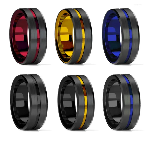 Bagues de mariage pour hommes, 8mm, tungstène noir, rouge, bleu, rainure, bord biseauté, motif de brique, acier inoxydable brossé pour hommes