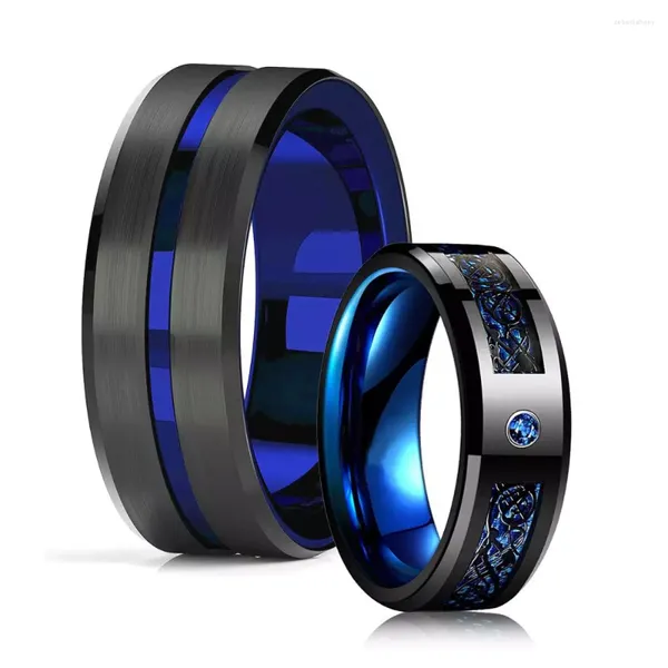 Anillos de boda Moda para hombre Anillo de dragón de acero inoxidable con borde biselado de ranura azul Banda de fibra de carbono con incrustaciones de circón rojo