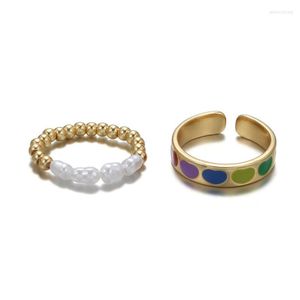 Wedding ringen mode multi -kleuren glazuur hart schattige zoete uitgerekte parelring en mooie gouden kralen opening elastische set