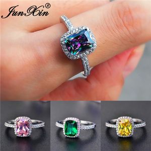 Wedding Rings Fashion Mystic Fire Crystal Stone For Women Silver Color Square Blue Pink Zirkon Wedding Engagement Ring Boho Jewelry 230505