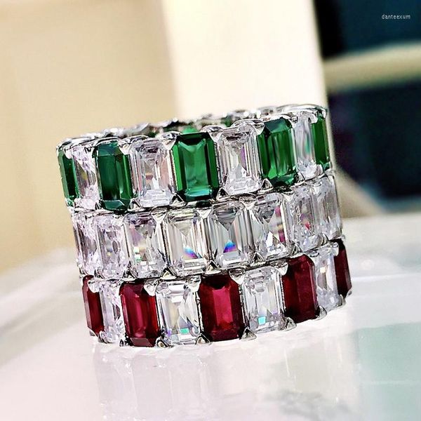 Anillos de boda Fashion Pure Silver Ring Inlay White Red verde esmeralda Simulación Diamante para el compromiso Joyas finas