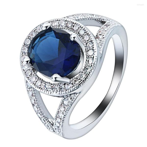 Anillos de boda Moda Redondo Clásico Romántico Regalo de dama Azul real Anillo de compromiso de circón checo para mujer