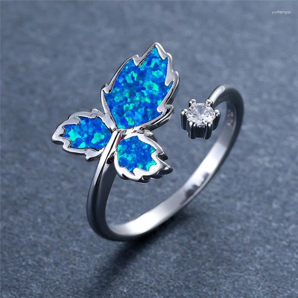 Anillos de boda, anillo de compromiso de Color plateado a la moda, bonita apertura para mujer, piedra de ópalo blanca, azul, verde y roja, joyería para mujer