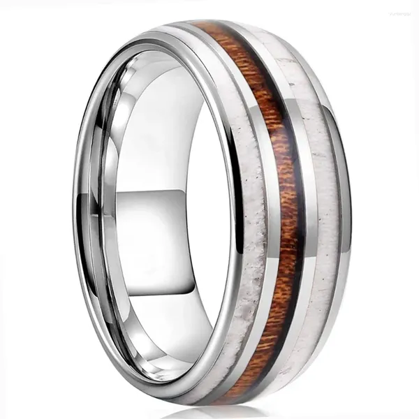 Bagues de mariage en acier inoxydable pour hommes et femmes, couleur argent, incrustation de dôme en bois de Koa, bijoux de fiançailles pour hommes et femmes