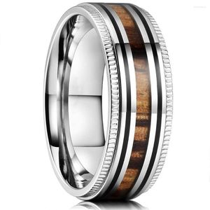 Wedding Rings Fashion Silver Color Men Roestvrij staal met Koa Wood Sawtooth Edge Betrokkenheid voor vrouwen feestjuwelen