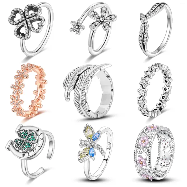 Anillos de boda Moda Dedo de plata para las mujeres Original 925 Planta esterlina Cuatro Trébol Anillo de cóctel Zircon Corazón Joyería