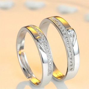 Anillos de boda Anillo de pareja simple de moda Joyería chapada en oro blanco Compromiso de cristal de circón para hombres Mujeres